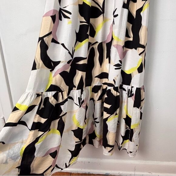 Nine West Cream & Black Floral Asían Print Maxi Dress L Milkmaid Prairie‎ Boho - Picture 10 of 14